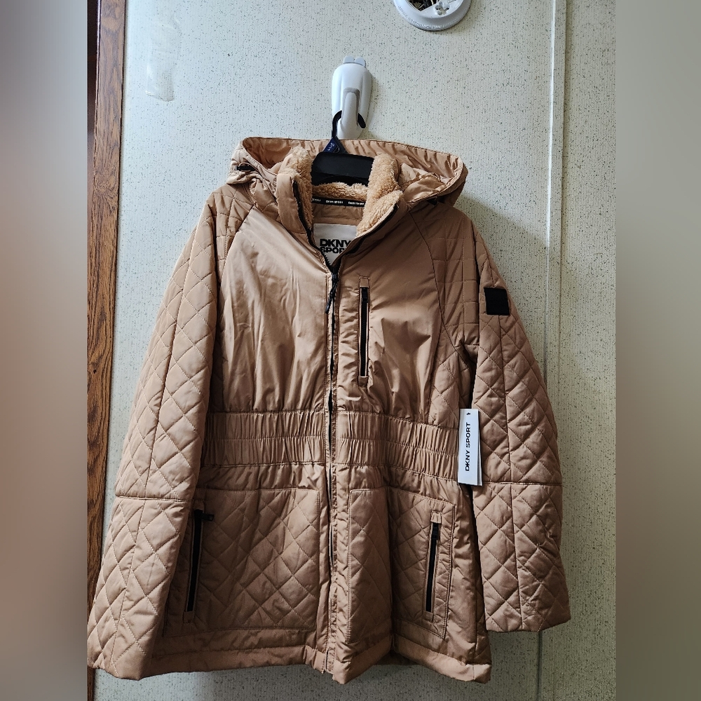 DKNY Sport Quilted Jacket Hooded Women's XL Elastic Waist Water Resistant Zipped